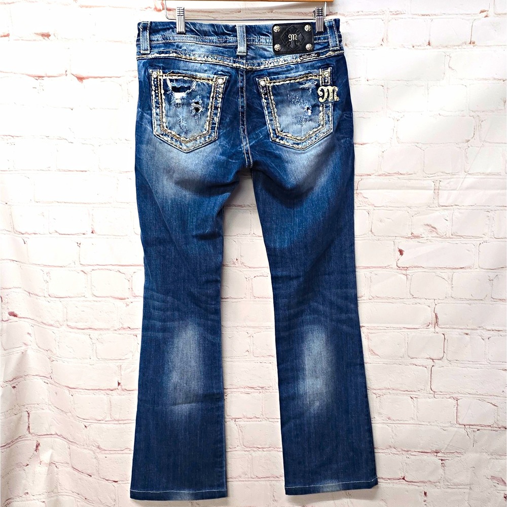 Miss Me Womens Bootcut Jeans Medium Wash Blue Rhinestone Logo Size 30